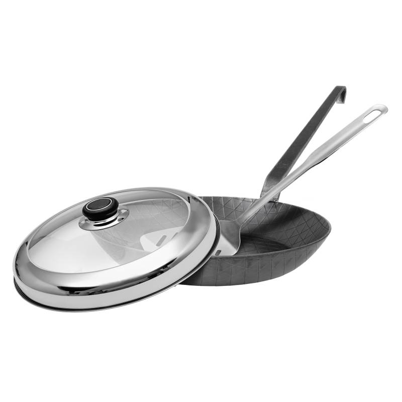 Schmiedeeiserne Bratpfanne F 400, Ø 28 cm, hoher Rand, Set mit Deckel und Pfannenwender, Made in Germany von GRÄWE