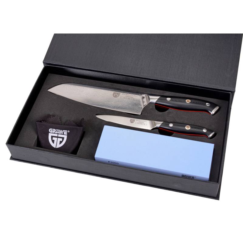 Damastmesser Tradition, 3-teilig, Messerset mit feinem Wetzstein, schwarzer Griff von GRÄWE