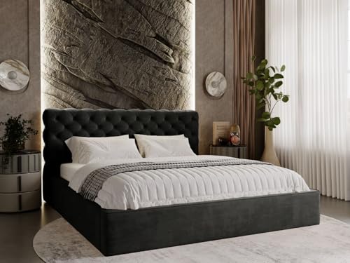 GRAINGOLD Apollo Bett 160x200, Polsterbett mit Bettkasten, Polsterbett mit Stauraum, Samt, mit Lattenrost, mit Kopfteil, ohne Matratze (Schwarz, 160x200) von GRAINGOLD