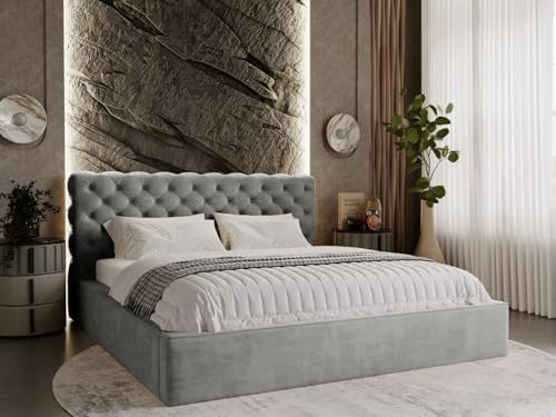 GRAINGOLD Apollo Bett 180x200, Polsterbett mit Bettkasten, Polsterbett mit Stauraum, Samt, mit Lattenrost, mit Kopfteil, ohne Matratze (Dunkelgrau, 180x200) von GRAINGOLD