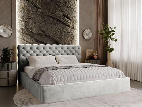 GRAINGOLD Apollo Bett 180x200, Polsterbett mit Bettkasten, Polsterbett mit Stauraum, Samt, mit Lattenrost, mit Kopfteil, ohne Matratze (Hellgrau, 180x200) von GRAINGOLD