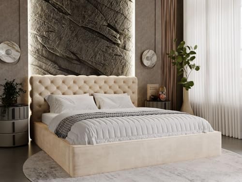 GRAINGOLD Apollo Bett 200x200, Polsterbett mit Bettkasten, Polsterbett mit Stauraum, Samt, mit Lattenrost, mit Kopfteil, ohne Matratze (Beige, 200x200) von GRAINGOLD