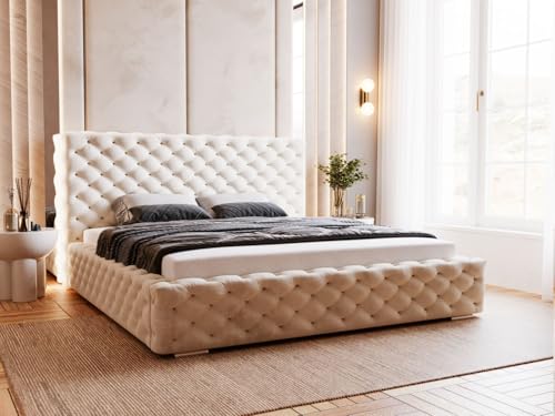 GRAINGOLD Astra Bett 180x200, Polsterbett mit Bettkasten, Polsterbett mit Stauraum, Samt, mit Lattenrost, mit Kopfteil, ohne Matratze (Beige, 180x200) von GRAINGOLD