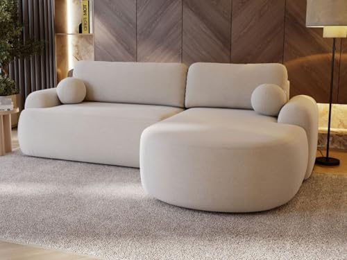 GRAINGOLD Aurio Ecksofa mit Schlaffunktion & Bettkasten 261x177 cm, L-Form Sofa mit Stauraum, Schlafcouch für Wohnzimmer, Bouclé-Stoff, 3-Sitzer Eckcouch, Modernes Design (Creme, Rechts) von GRAINGOLD