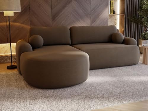 GRAINGOLD Aurio Ecksofa mit Schlaffunktion & Bettkasten 261x177 cm, L-Form Sofa mit Stauraum, Schlafcouch für Wohnzimmer, Bouclé-Stoff, 3-Sitzer Eckcouch, Modernes Design (Dunkelbraun, Links) von GRAINGOLD