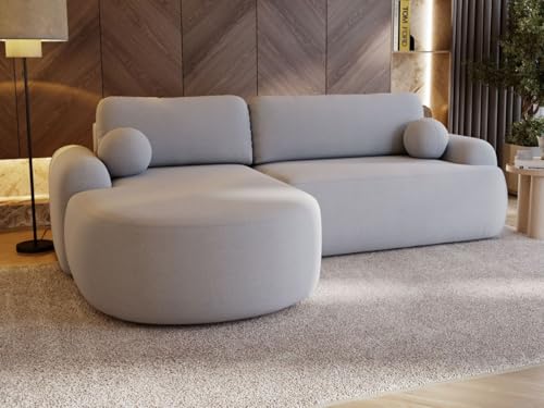 GRAINGOLD Aurio Ecksofa mit Schlaffunktion & Bettkasten 261x177 cm, L-Form Sofa mit Stauraum, Schlafcouch für Wohnzimmer, Bouclé-Stoff, 3-Sitzer Eckcouch, Modernes Design (Grau, Links) von GRAINGOLD