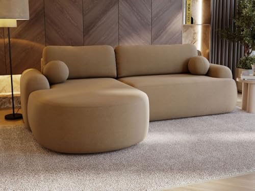 GRAINGOLD Aurio Ecksofa mit Schlaffunktion & Bettkasten 261x177 cm, L-Form Sofa mit Stauraum, Schlafcouch für Wohnzimmer, Bouclé-Stoff, 3-Sitzer Eckcouch, Modernes Design (Hellbraun, Links) von GRAINGOLD