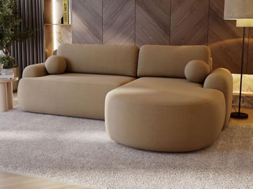 GRAINGOLD Aurio Ecksofa mit Schlaffunktion & Bettkasten 261x177 cm, L-Form Sofa mit Stauraum, Schlafcouch für Wohnzimmer, Bouclé-Stoff, 3-Sitzer Eckcouch, Modernes Design (Hellbraun, Rechts) von GRAINGOLD