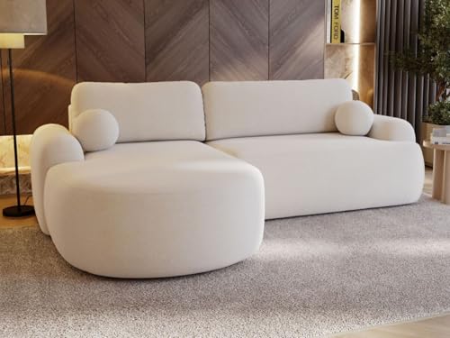 GRAINGOLD Aurio Ecksofa mit Schlaffunktion & Bettkasten 261x177 cm, L-Form Sofa mit Stauraum, Schlafcouch für Wohnzimmer, Bouclé-Stoff, 3-Sitzer Eckcouch, Modernes Design (Weiß, Links) von GRAINGOLD