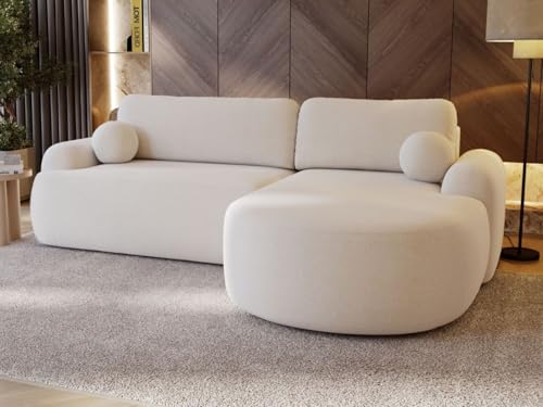 GRAINGOLD Aurio Ecksofa mit Schlaffunktion & Bettkasten 261x177 cm, L-Form Sofa mit Stauraum, Schlafcouch für Wohnzimmer, Bouclé-Stoff, 3-Sitzer Eckcouch, Modernes Design (Weiß, Rechts) von GRAINGOLD