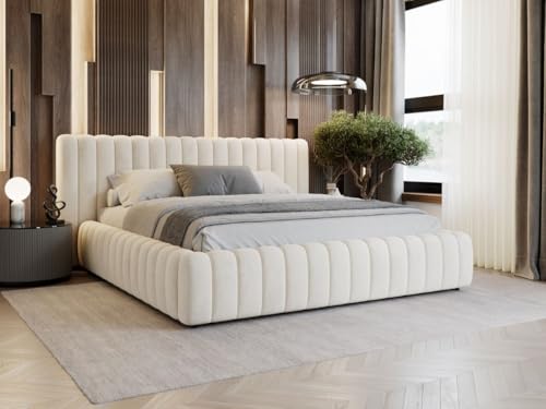 GRAINGOLD Bliss Bett 180x200, Polsterbett mit Bettkasten, Polsterbett mit Stauraum, Samt Stoff, mit Lattenrost, mit Kopfteil, ohne Matratze (Beige, 180x200) von GRAINGOLD
