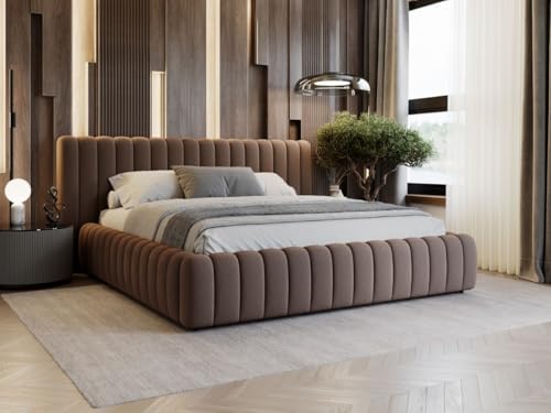 GRAINGOLD Bliss Bett 180x200, Polsterbett mit Bettkasten, Polsterbett mit Stauraum, Samt Stoff, mit Lattenrost, mit Kopfteil, ohne Matratze (Braun, 180x200) von GRAINGOLD