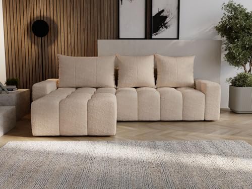 GRAINGOLD Bresso Ecksofa mit Schlaffunktion & Bettkasten 255x168 cm, L-Form Sofa mit Stauraum, Schlafcouch für Wohnzimmer, Bouclé-Stoff, 3-Sitzer Eckcouch, Modernes Design (Beige) von GRAINGOLD