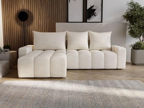 GRAINGOLD Bresso Ecksofa mit Schlaffunktion & Bettkasten 255x168 cm, L-Form Sofa mit Stauraum, Schlafcouch für Wohnzimmer, Bouclé-Stoff, 3-Sitzer Eckcouch, Modernes Design (Creme) von GRAINGOLD