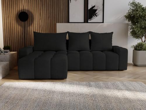 GRAINGOLD Bresso Ecksofa mit Schlaffunktion & Bettkasten 255x168 cm, L-Form Sofa mit Stauraum, Schlafcouch für Wohnzimmer, Bouclé-Stoff, 3-Sitzer Eckcouch, Modernes Design (Schwarz) von GRAINGOLD