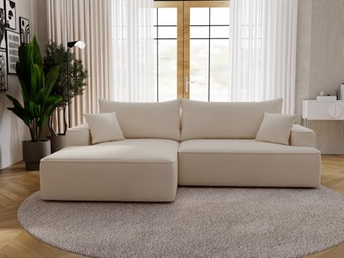 GRAINGOLD California Ecksofa mit Schlaffunktion & Bettkasten 270x165 cm, L-Form Sofa mit Stauraum, Schlafcouch für Wohnzimmer, Velour, 3-Sitzer Eckcouch, Modernes Design (Beige, Links) von GRAINGOLD