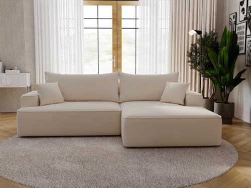 GRAINGOLD California Ecksofa mit Schlaffunktion & Bettkasten 270x165 cm, L-Form Sofa mit Stauraum, Schlafcouch für Wohnzimmer, Velour, 3-Sitzer Eckcouch, Modernes Design (Beige, Rechts) von GRAINGOLD