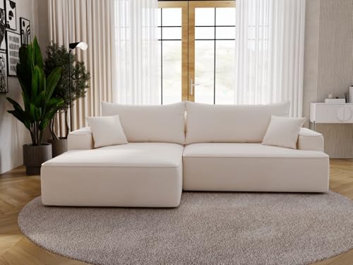 GRAINGOLD California Ecksofa mit Schlaffunktion & Bettkasten 270x165 cm, L-Form Sofa mit Stauraum, Schlafcouch für Wohnzimmer, Velour, 3-Sitzer Eckcouch, Modernes Design (Creme, Links) von GRAINGOLD