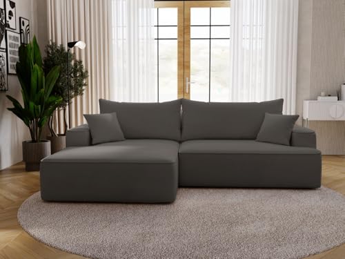 GRAINGOLD California Ecksofa mit Schlaffunktion & Bettkasten 270x165 cm, L-Form Sofa mit Stauraum, Schlafcouch für Wohnzimmer, Velour, 3-Sitzer Eckcouch, Modernes Design (Dunkelgrau, Links) von GRAINGOLD