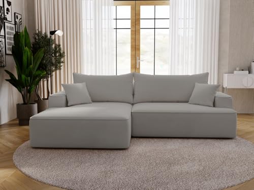 GRAINGOLD California Ecksofa mit Schlaffunktion & Bettkasten 270x165 cm, L-Form Sofa mit Stauraum, Schlafcouch für Wohnzimmer, Velour, 3-Sitzer Eckcouch, Modernes Design (Hellgrau, Links) von GRAINGOLD