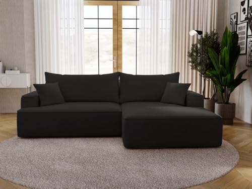 GRAINGOLD California Ecksofa mit Schlaffunktion & Bettkasten 270x165 cm, L-Form Sofa mit Stauraum, Schlafcouch für Wohnzimmer, Velour, 3-Sitzer Eckcouch, Modernes Design (Schwarz, Rechts) von GRAINGOLD