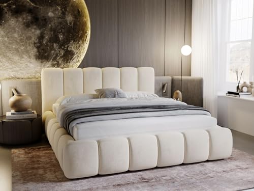 GRAINGOLD Cloud Bett 140x200, Polsterbett ohne Bettkasten, Polsterbett mit Stauraum, Samt, mit Lattenrost, mit Kopfteil, ohne Matratze (Beige, 140x200) von GRAINGOLD
