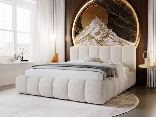 GRAINGOLD Cloud Bett 160x200, Polsterbett mit Bettkasten, Polsterbett mit Stauraum, Bouclé-Stoff, mit Lattenrost, mit Kopfteil, ohne Matratze (Beige, 160x200) von GRAINGOLD
