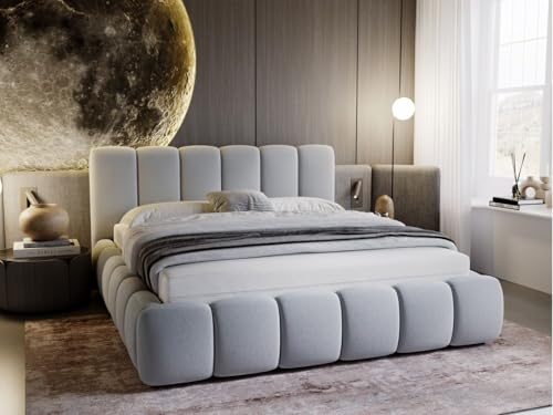 GRAINGOLD Cloud Bett 160x200, Polsterbett mit Bettkasten, Polsterbett mit Stauraum, Samt, mit Lattenrost, mit Kopfteil, ohne Matratze (Hellgrau, 160x200) von GRAINGOLD