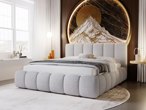GRAINGOLD Cloud Bett 180x200, Polsterbett mit Bettkasten, Polsterbett mit Stauraum, Bouclé-Stoff, mit Lattenrost, mit Kopfteil, ohne Matratze (Hellgrau, 180x200) von GRAINGOLD