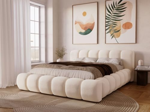 GRAINGOLD Doria Bett 160x200, Polsterbett mit Bettkasten, Polsterbett mit Stauraum, Velour, mit Lattenrost, mit Kopfteil, ohne Matratze (Creme, 160x200) von GRAINGOLD