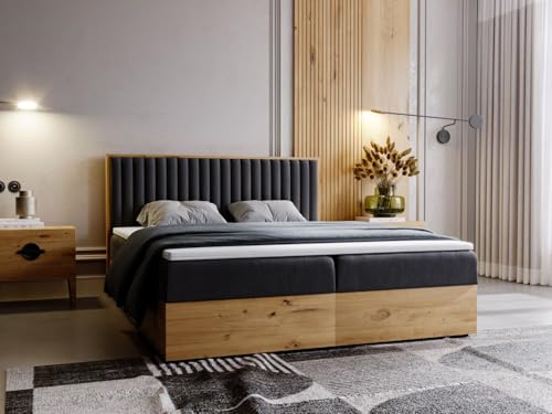 GRAINGOLD Forest Bett 180x200, Boxspringbett mit Bettkasten, Polsterbett mit Bonell-Matratze, Samt Stoff, mit Topper, mit Kopfteil (Anthracite, 180x200) von GRAINGOLD