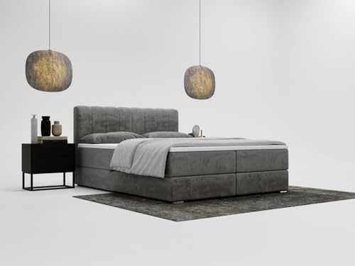 GRAINGOLD Forte Bett 180x200, Boxspringbett mit Bettkasten, Polsterbett mit Bonell-Matratze, Samt Stoff, mit Topper, mit Kopfteil (Grau, 180x200) von GRAINGOLD
