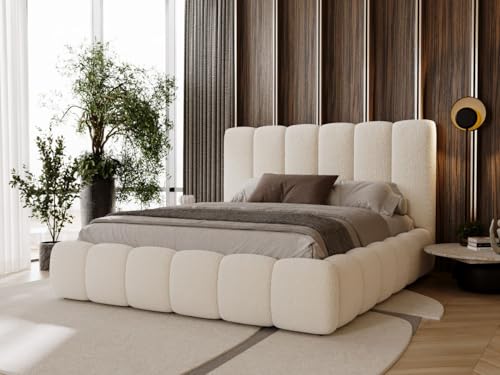 GRAINGOLD Imperial Bett 180x200, Polsterbett mit Bettkasten, Polsterbett mit Stauraum, Bouclé-Stoff, mit Lattenrost, mit Kopfteil, ohne Matratze (Creme, 180x200) von GRAINGOLD