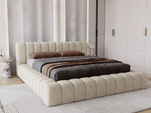 GRAINGOLD Italia Bett 180x200, Polsterbett mit Bettkasten, Polsterbett mit Stauraum, Samt Stoff, mit Lattenrost, mit Kopfteil, ohne Matratze (Beige, 180x200) von GRAINGOLD