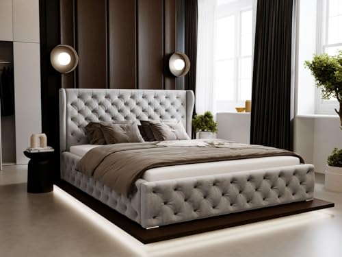GRAINGOLD Kingston Bett 180x200, Polsterbett mit Bettkasten, Polsterbett mit Stauraum, Bouclé-Stoff, mit Lattenrost, mit Kopfteil, ohne Matratze (Hellgrau, 180x200) von GRAINGOLD