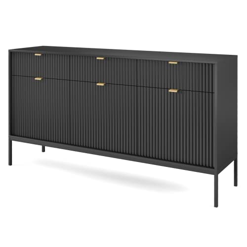 GRAINGOLD Kommode Amber Schwarz T39 x B154 x H83 cm im modernen Stil – Sideboard für Schlafzimmer, Wohnzimmer, Diele – Eleganter Schrank mit Fächern, hohe Metallbeine – Standschrank von GRAINGOLD