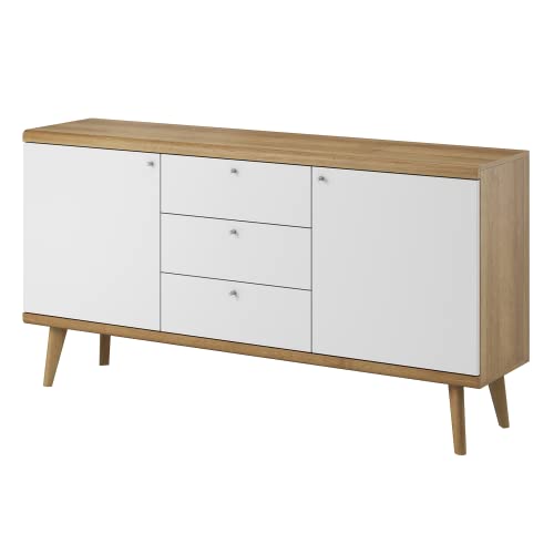 GRAINGOLD Kommode Promko Weiß und Riviera Eiche T40 x B160 x H83 cm – Moderner Schrank im skandinavischen Stil für Wohnzimmer – Sideboard mit Beine aus Eichenholz, Schubladen und Fächern von GRAINGOLD