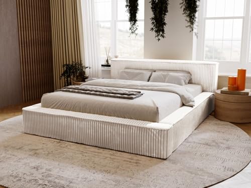 GRAINGOLD Lago Bett 140x200, Polsterbett mit Bettkasten, Polsterbett mit Stauraum, Cord, mit Lattenrost, mit Kopfteil, ohne Matratze (Hellgrau, 140x200) von GRAINGOLD