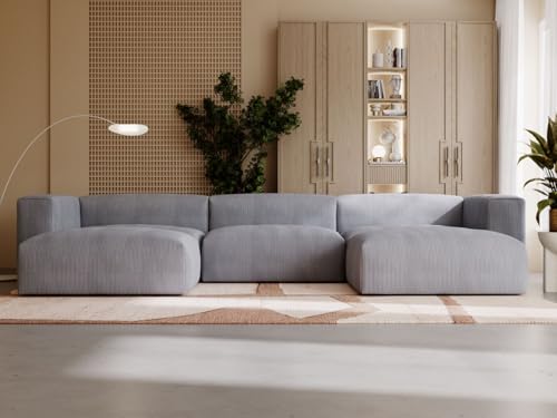 GRAINGOLD Landi Ecksofa mit Schlaffunktion & Bettkasten 340x180 cm, U-Form Sofa mit Stauraum, Schlafcouch für Wohnzimmer, Cord Stoff, 5-Sitzer Wohnlandschaft, Modernes Design (Grau) von GRAINGOLD