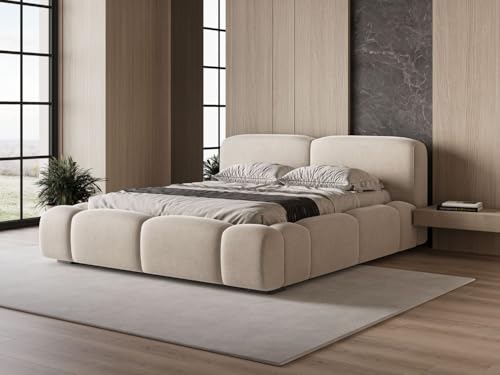 GRAINGOLD Lano Bett 160x200, Polsterbett mit Bettkasten, Polsterbett mit Stauraum, Samt, mit Lattenrost, mit Kopfteil, ohne Matratze (Beige, 160x200) von GRAINGOLD