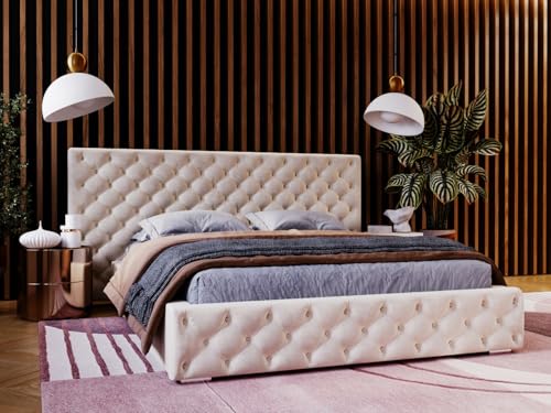 GRAINGOLD Madera Bett 160x200, Polsterbett mit Bettkasten, Polsterbett mit Stauraum, Velour, mit Lattenrost, mit Kopfteil, ohne Matratze (Beige, 160x200) von GRAINGOLD