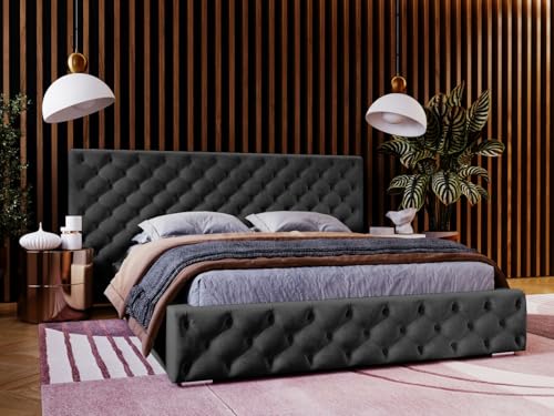 GRAINGOLD Madera Bett 160x200, Polsterbett mit Bettkasten, Polsterbett mit Stauraum, Velour, mit Lattenrost, mit Kopfteil, ohne Matratze (Schwarz, 160x200) von GRAINGOLD