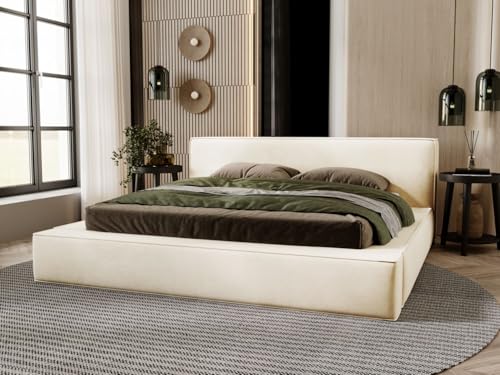 GRAINGOLD Mali Bett 180x200, Polsterbett mit Bettkasten, Polsterbett mit Stauraum, Samt, mit Lattenrost, mit Kopfteil, ohne Matratze (Beige, 180x200) von GRAINGOLD