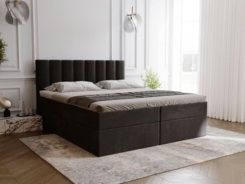 GRAINGOLD Mocca Bett 180x200, Boxspringbett mit Bettkasten, Polsterbett mit Bonell-Matratze, Samt Stoff, mit Topper, mit Kopfteil (Schwarz, 180x200) von GRAINGOLD