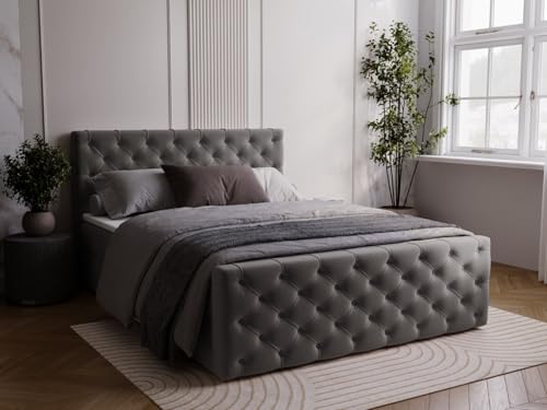 GRAINGOLD Montego Bett 140x200, Boxspringbett mit Bettkasten, Polsterbett mit Bonell-Matratze, Samt Stoff, mit Topper, mit Kopfteil (Anthracite, 140x200) von GRAINGOLD