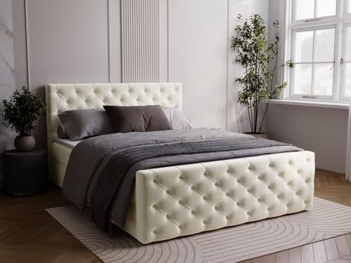 GRAINGOLD Montego Bett 160x200, Boxspringbett mit Bettkasten, Polsterbett mit Bonell-Matratze, Samt Stoff, mit Topper, mit Kopfteil (Creme, 160x200) von GRAINGOLD