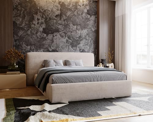 GRAINGOLD Monza Bett 160x200, Polsterbett mit Bettkasten, Polsterbett mit Stauraum, Chenille Stoff, mit Lattenrost, mit Kopfteil, ohne Matratze (Beige, 160x200) von GRAINGOLD