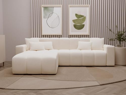 GRAINGOLD Nork Ecksofa 265x180 cm, L-Form Sofa, Ecksofa für Wohnzimmer, Velour, 4-Sitzer Eckcouch, Modernes Design (Creme, Links) von GRAINGOLD