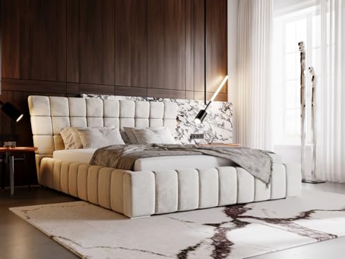 GRAINGOLD Paris Bett 180x200, Polsterbett mit Bettkasten, Polsterbett mit Stauraum, Samt, mit Lattenrost, mit Kopfteil, ohne Matratze (Beige, 180x200) von GRAINGOLD