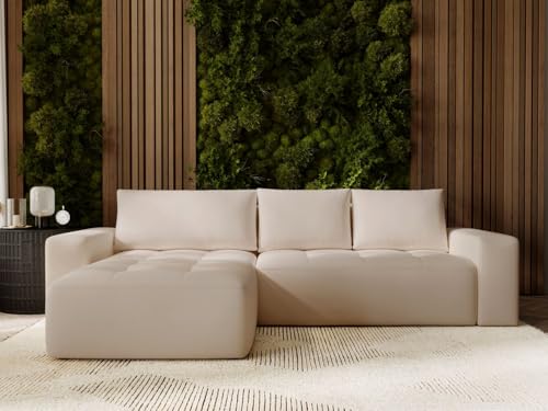 GRAINGOLD Portland Ecksofa mit Schlaffunktion & Bettkasten 250x165 cm, L-Form Sofa mit Stauraum, Schlafcouch für Wohnzimmer, Velour, 3-Sitzer Eckcouch, Modernes Design (Beige, Links) von GRAINGOLD